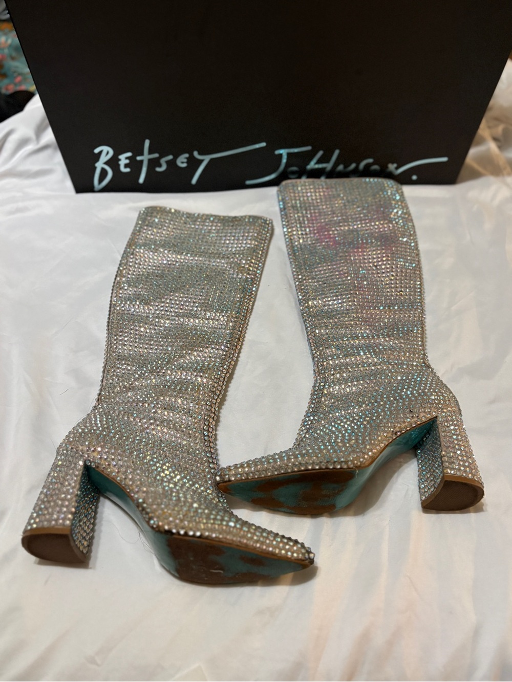 Betsey Johnson Silver Rhinestone Farah Knee-High Block Heel Boots